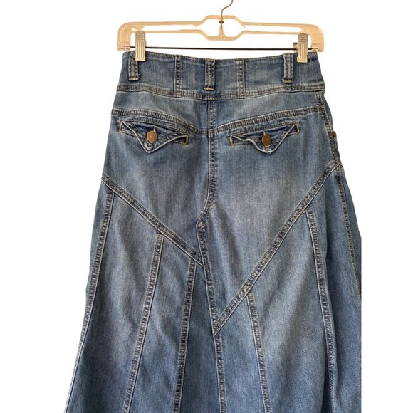 Vintage Style J Denim A Line Midi Skirt Button Fly Back Flap Pockets Frayed Hem - Picture 15 of 16